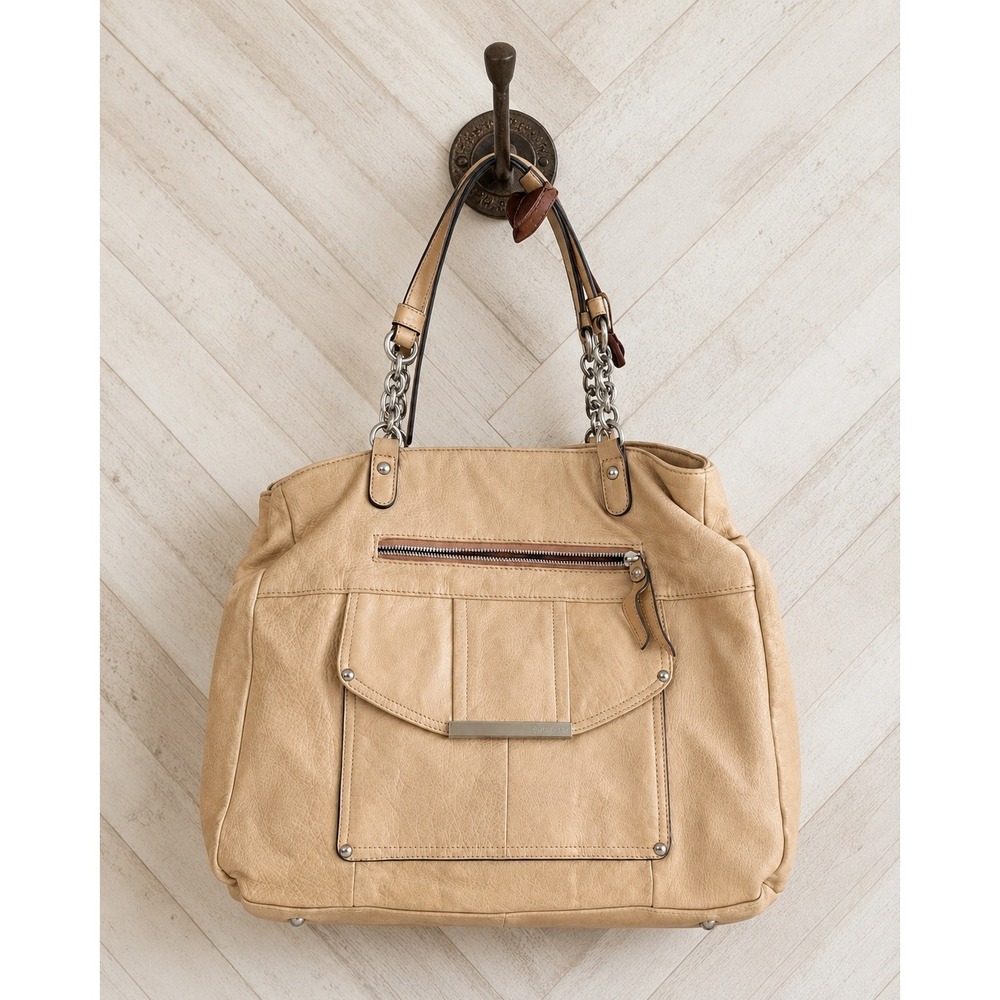 B. Makowsky Leather Shoulder Bag Slouchy Boho Chain Accents Cream OS
